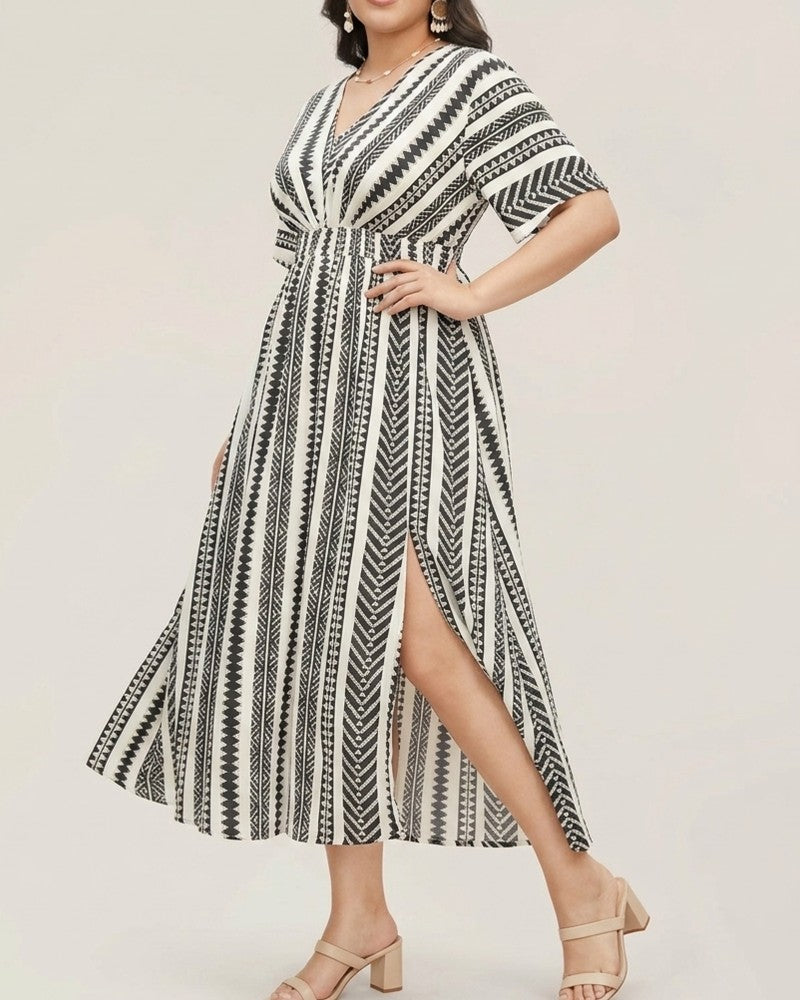 Robe Profond V Bleu Blanc Rayure Géométrique Taille