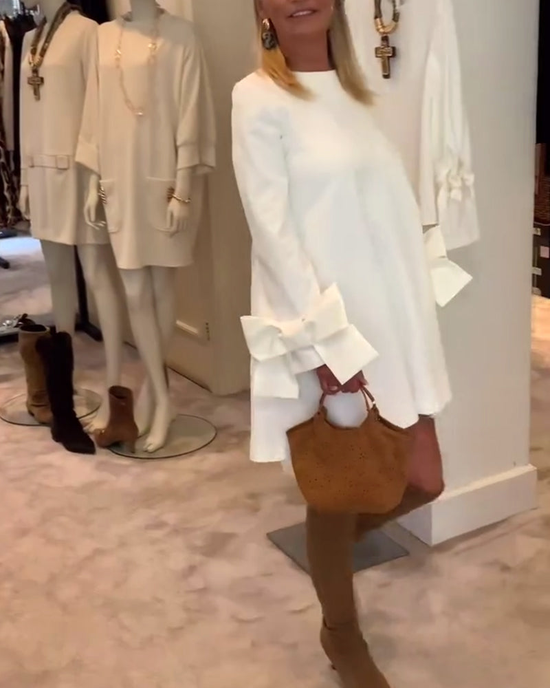 Robe Élégant Col Rond Manche Nœud