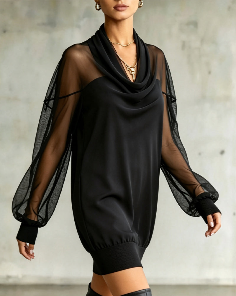 Robe Col Froncé Manche Longue Mesh