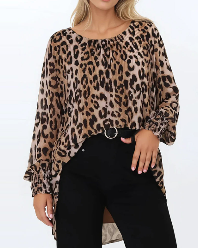 Blouse Col Rond Léopard Irrégulier Manche Lanterne