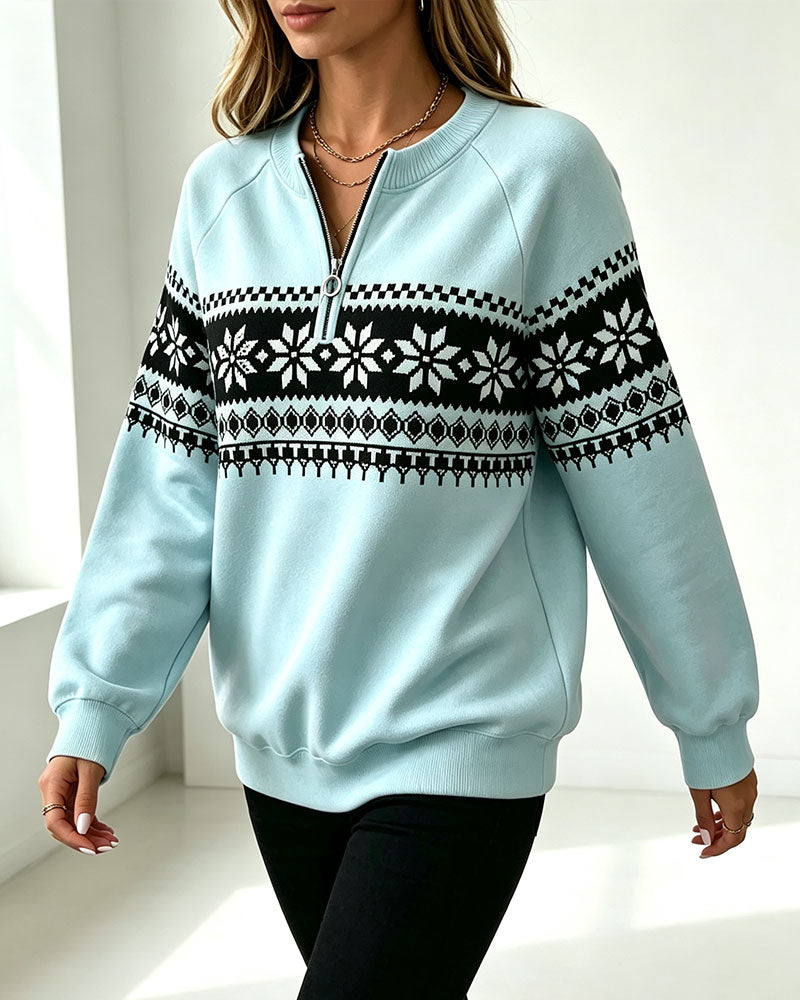 Sweat-Shirt Flocon De Neige Imprimé Demi-Zip