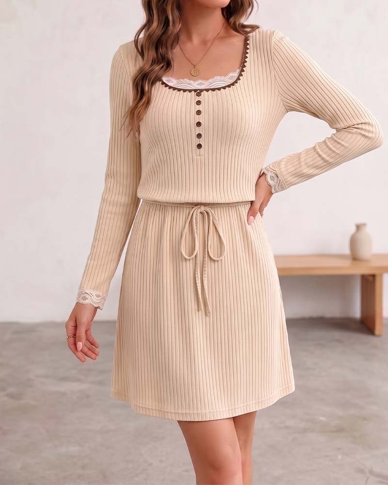Robe Col En U Dentelle Bouton Cordon De Serrage Côtelé