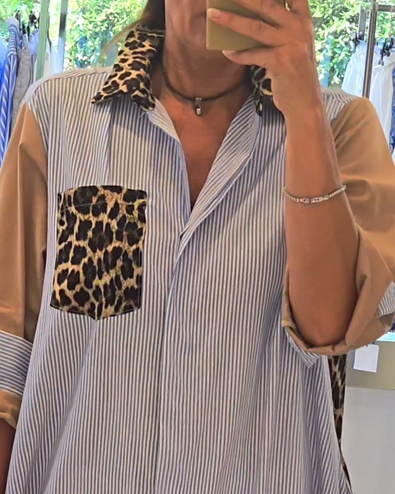 Robe décontractée à revers à imprimé léopard à rayures