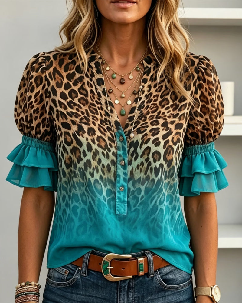 Blouse Col V Imprimé Léopard Dégradé Volantée