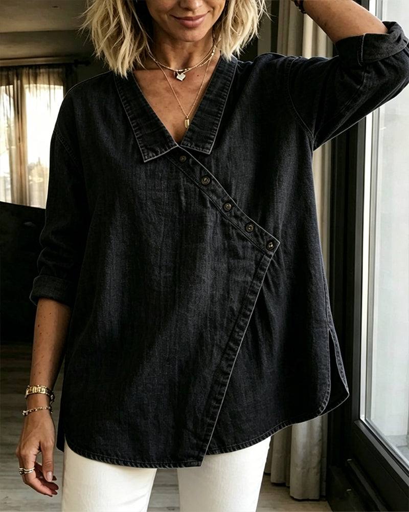Blouse Unie Bouton Diagonal Col Manches Longues
