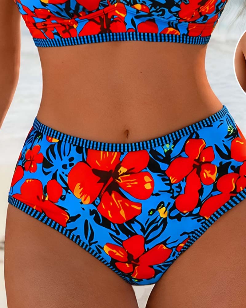 Bikini Florale Deep-V Taille-Haute