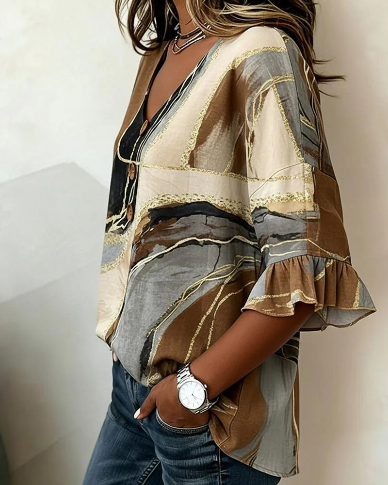Blouse Encolure V Bouton Manche Évasée