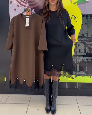 Robe Élégante Dentelle Éclatée Col Rond