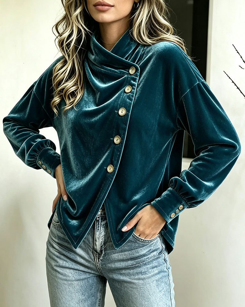 Blouse Col Roulé Fente Croix Bouton