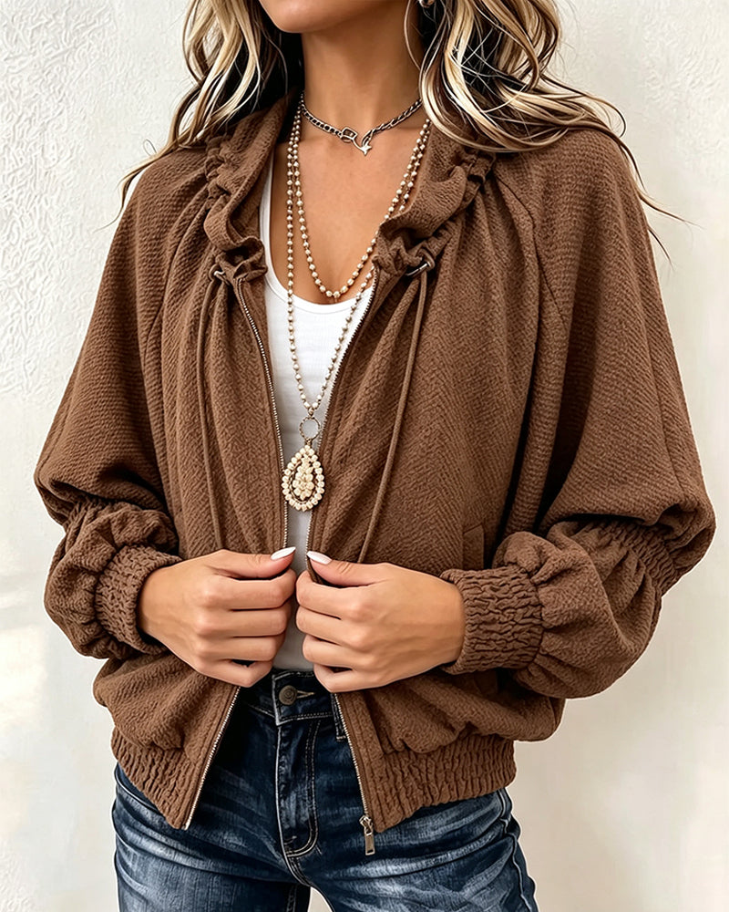 Manteau Texturé Décontracté Fermeture Éclair Plissé