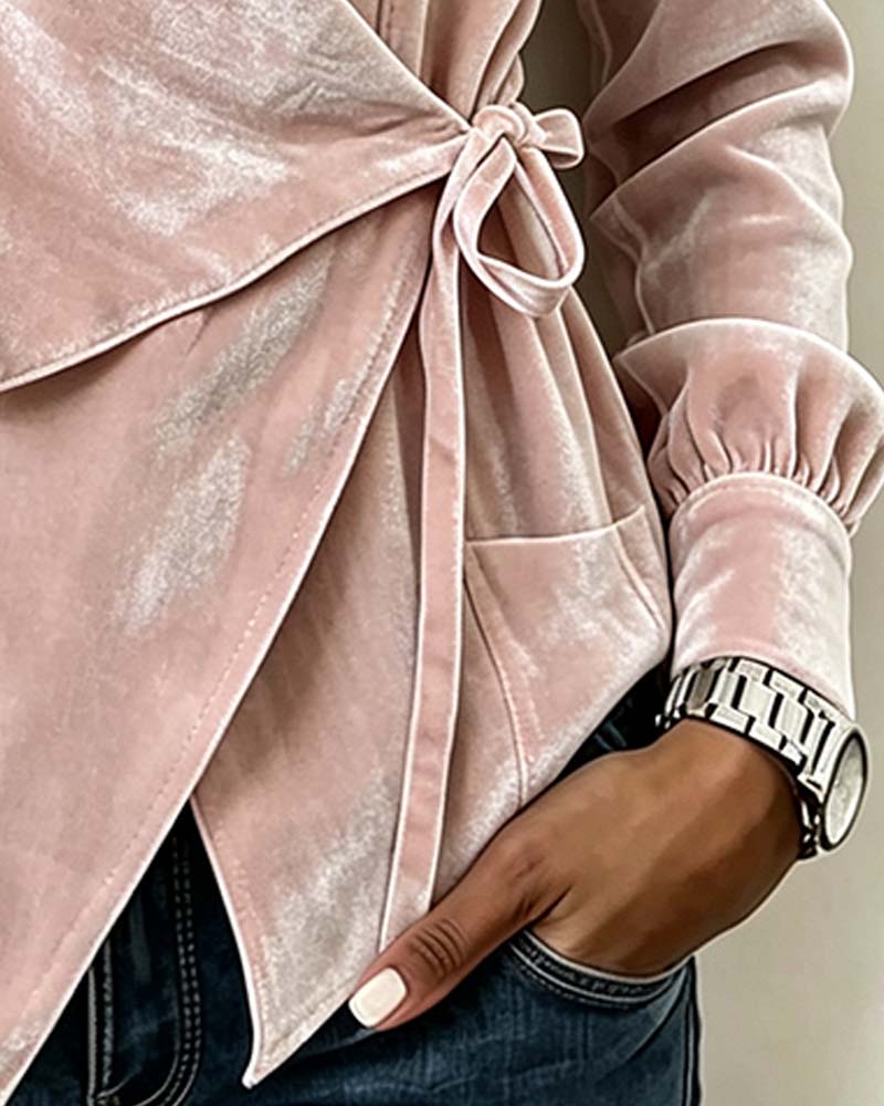 Blouse Col En V Cordon De Serrage Croisé Manches Longues