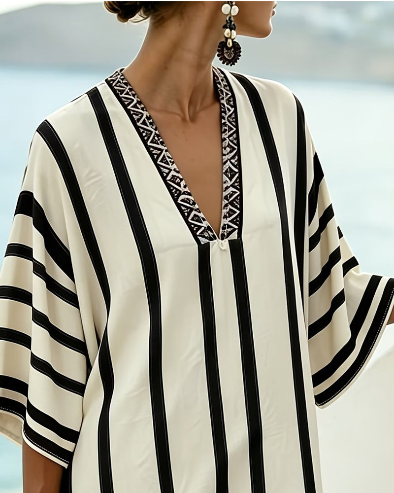 Robe Bloc Couleur Noir Rayure Verticale Col V