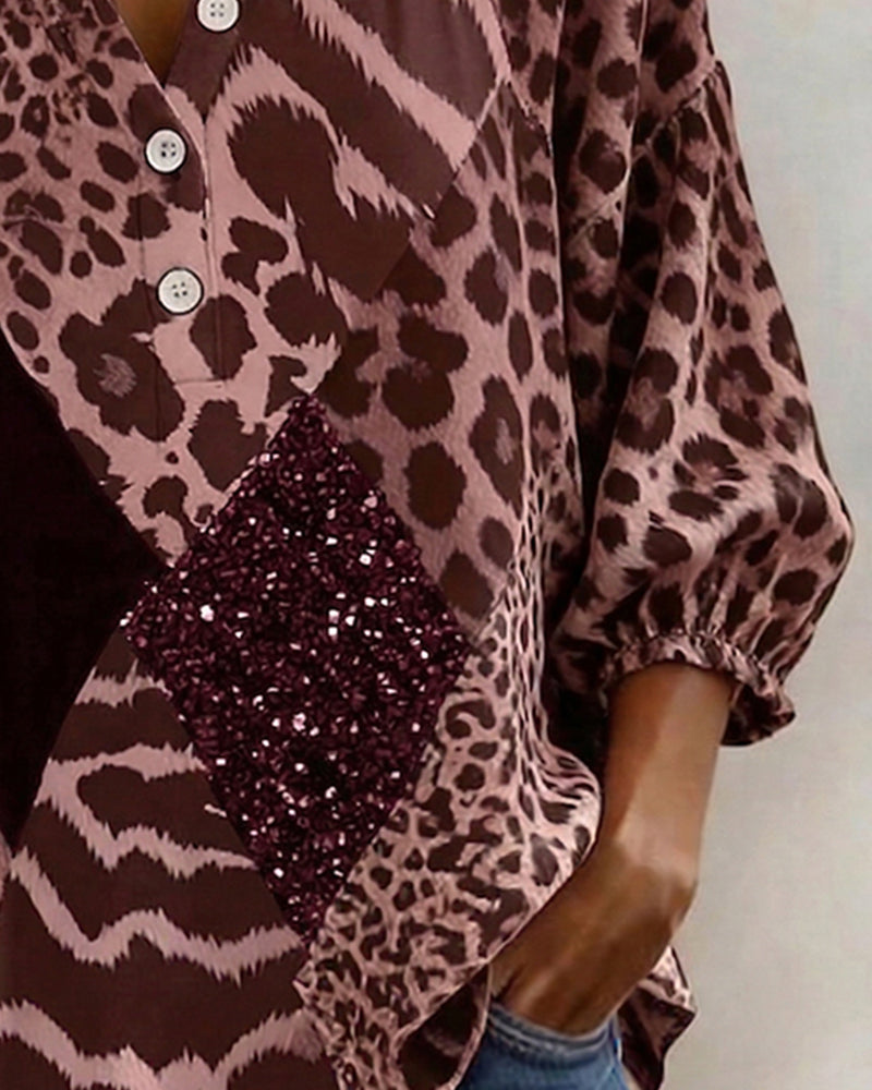 Chemisier Col Carré Imprimé Léopard Patchwork Sequins