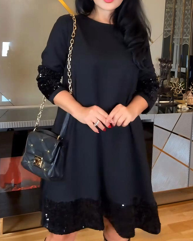 Robe Avec Design À Manches Longues, Détail de Col Rond, Broderie De Paillettes Et Silhouette Lâche