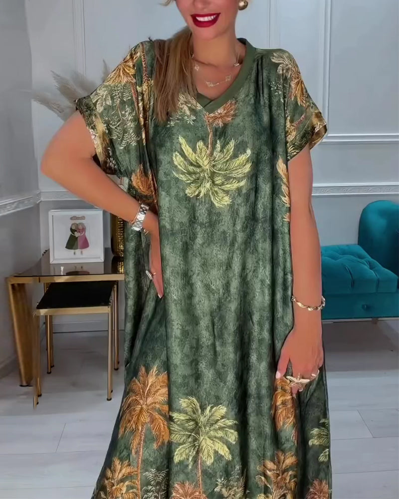 Robe Col En V Palmier Imprimé Manches Courtes Longue