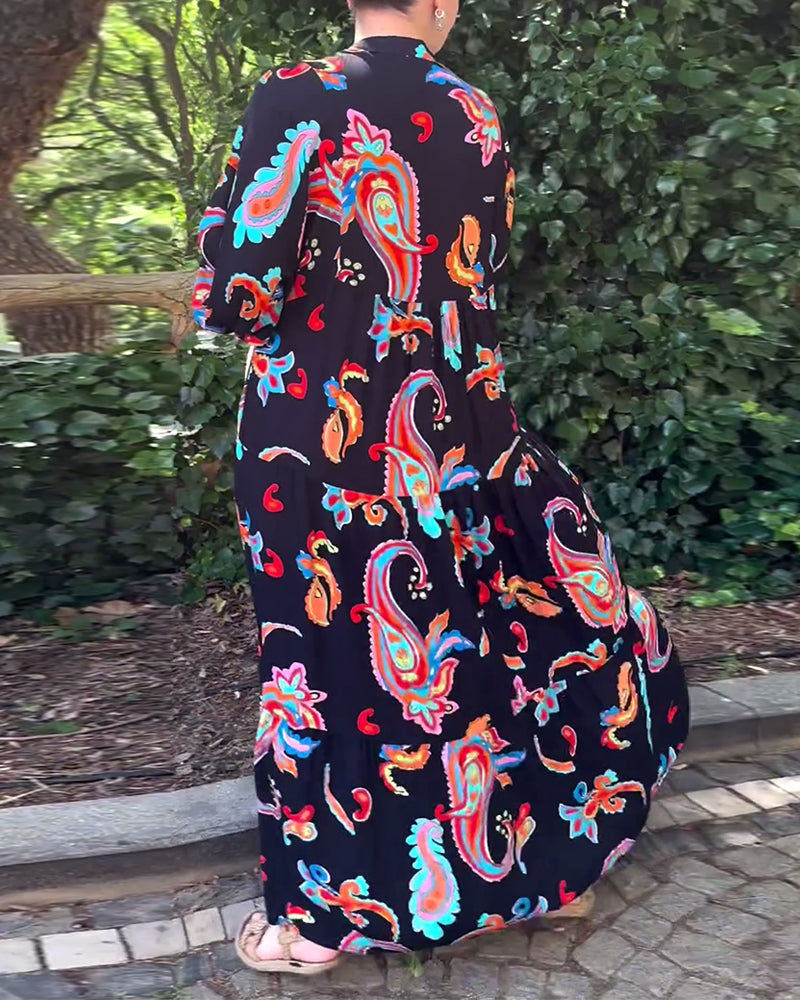 Robe patchwork à manches longues imprimée vintage