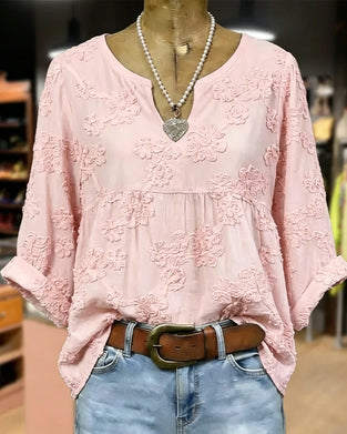 Blouse 100% Coton Col En V Imprimé Fleur Manche 3/4