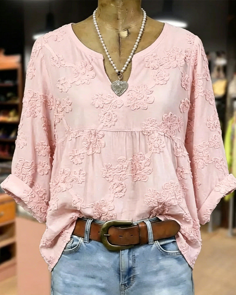 Blouse 100% Coton Col En V Imprimé Fleur Manche 3/4
