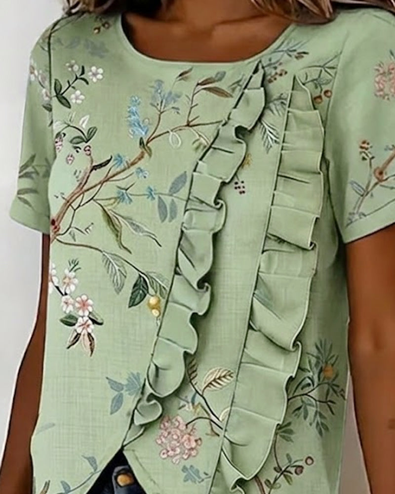 Blouse Col Rond Manches Courtes Volantée Florale