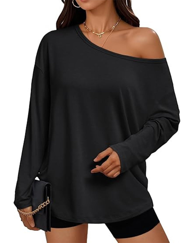 T-Shirt Une Épaule Unie Manches Longues