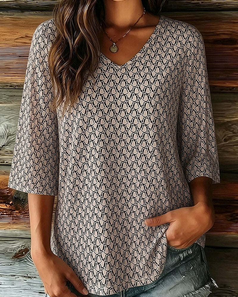 Blouse Col En V Manches Mi-Longues Décontractée