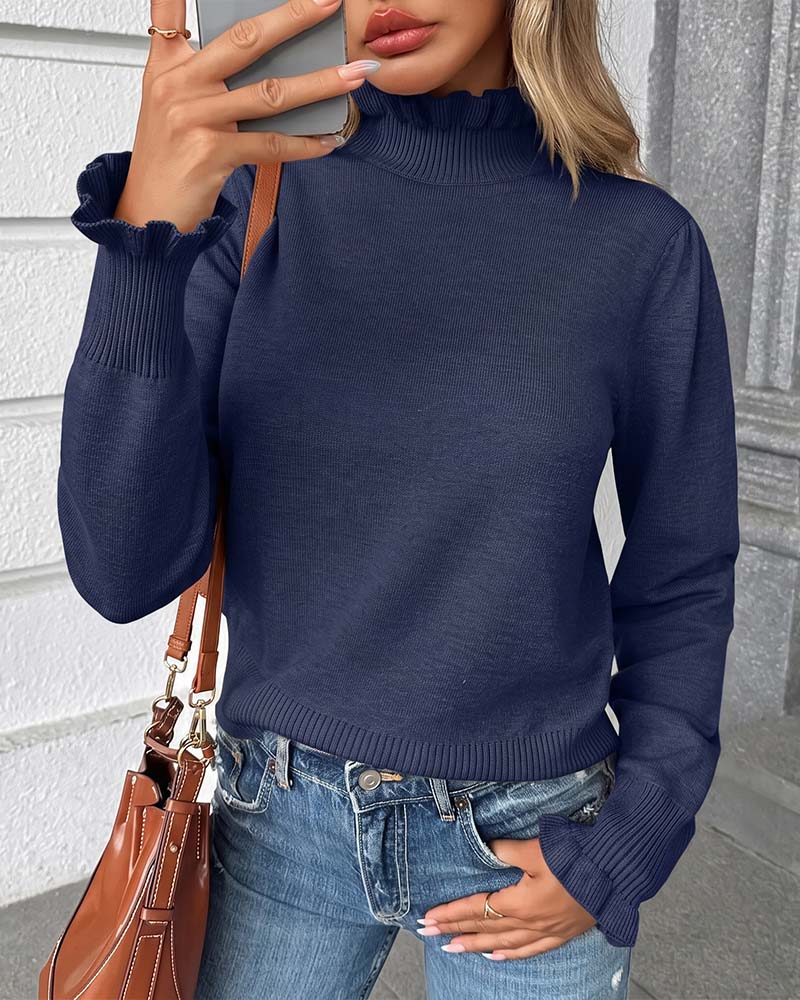 Pullover Col Roulé Dentelle Volant