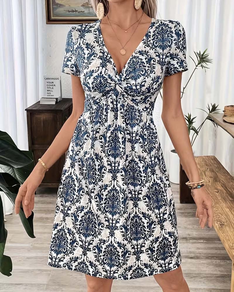Robe Col En V Froncée Taille Haute Bohémienne