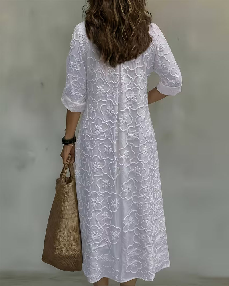 Robe Col V Dentelle Garniture Unie