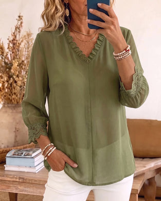 Blouse Col V Volant Dentelle Patchwork