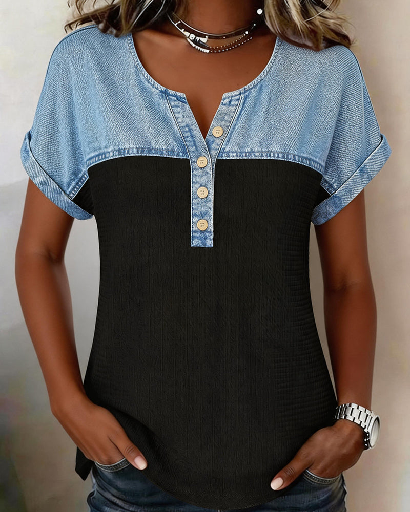 Blouse Denim Patchwork Manche Courte