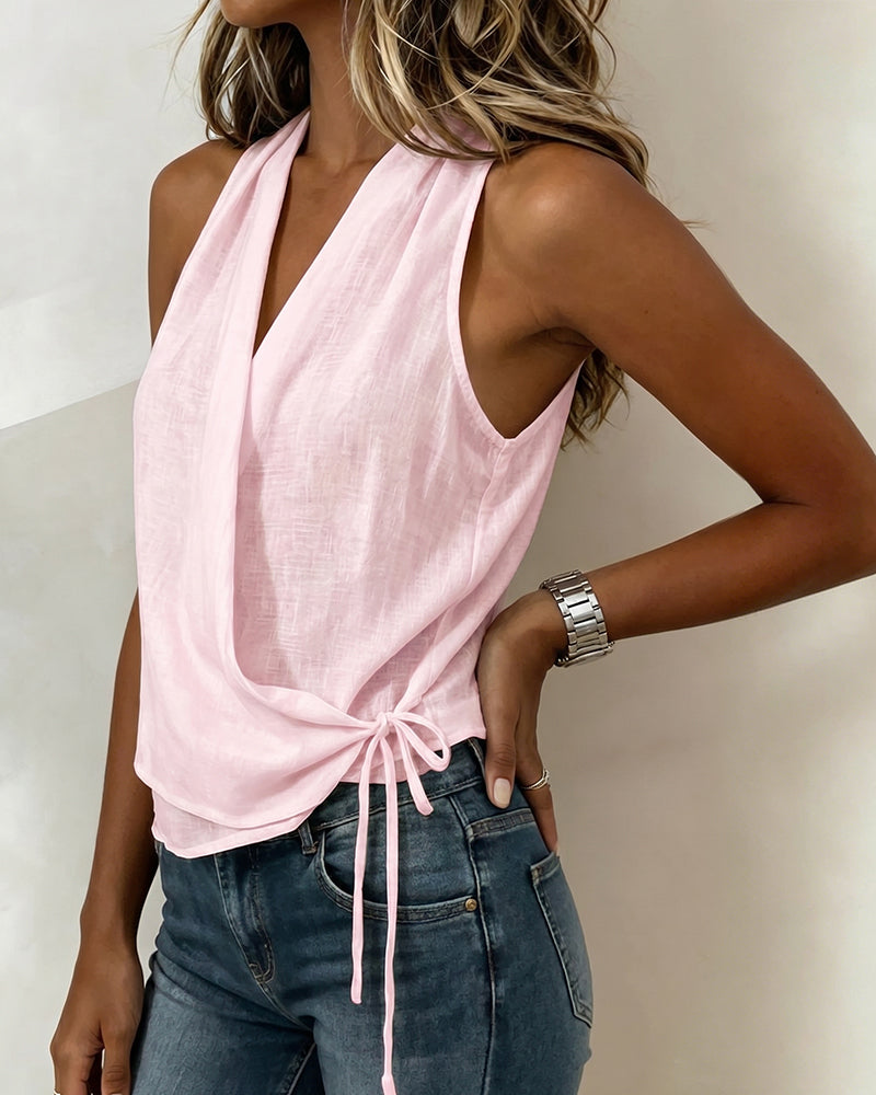 Blouse Unie Sans Manches Encolure Nœud Cou