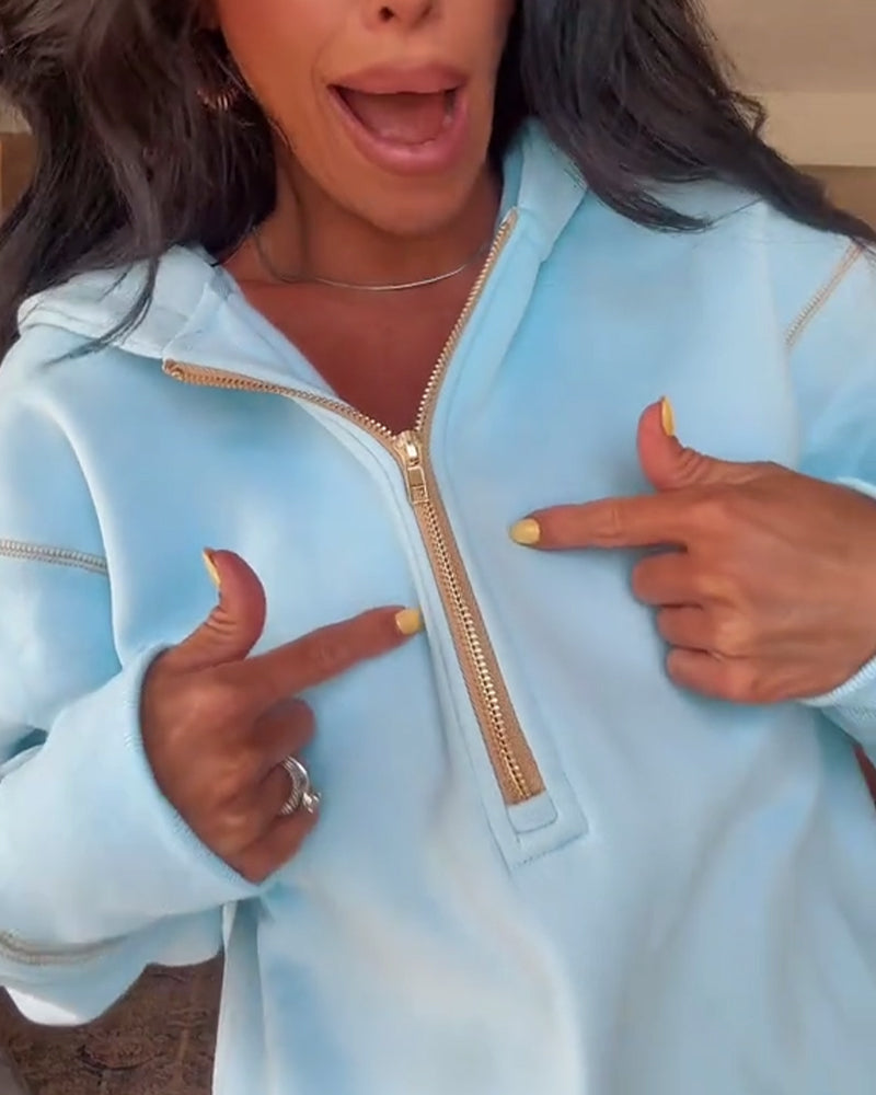 Sweat-shirt décontracté à capuche de couleur unie avec fermeture éclair