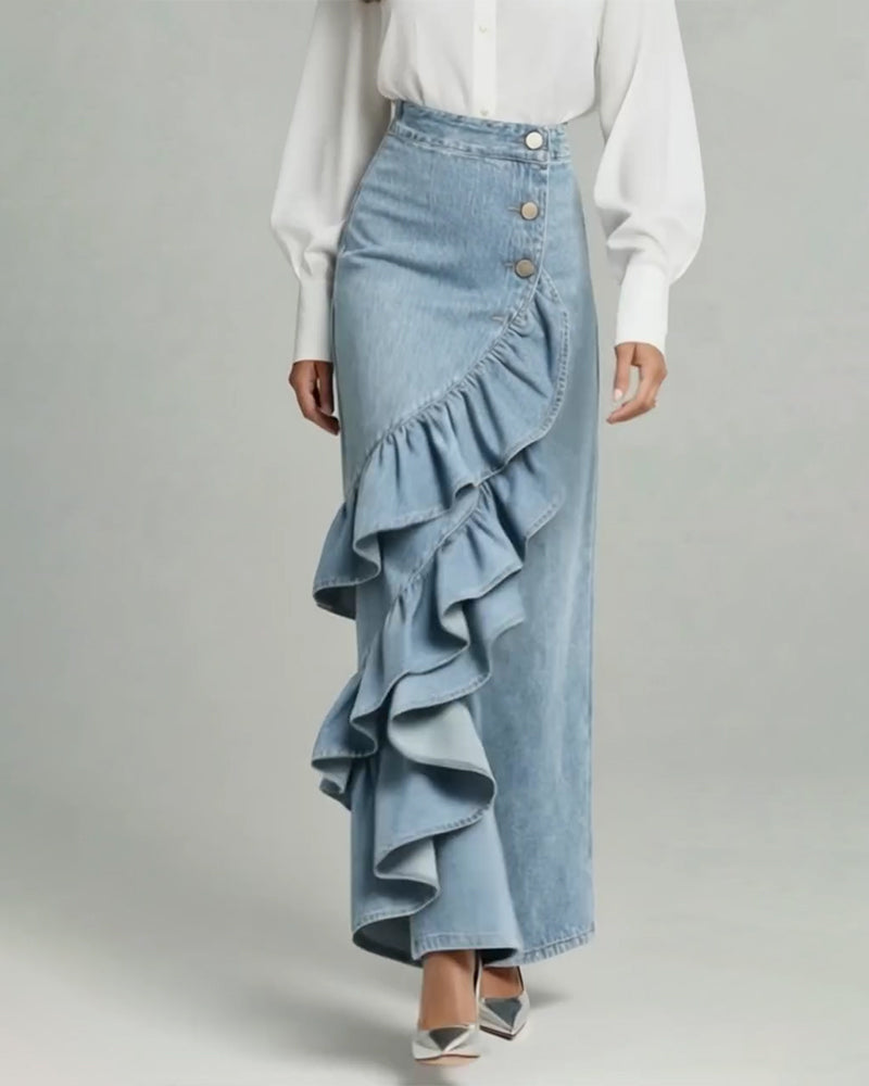 Pantalon En Denim Tendance Bord Volanté