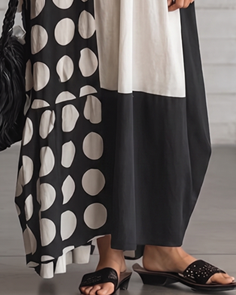 Robe Col Rond Manches Courtes À Pois Patchwork