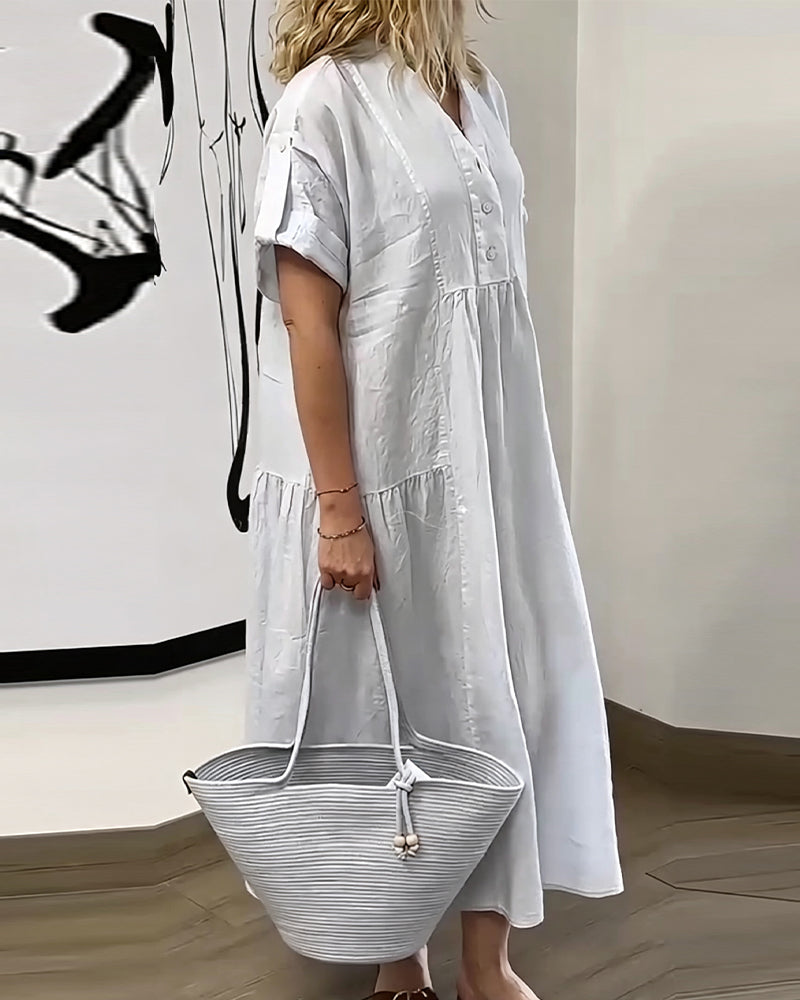 Robe Col V Bouton Plissé Jupe Large