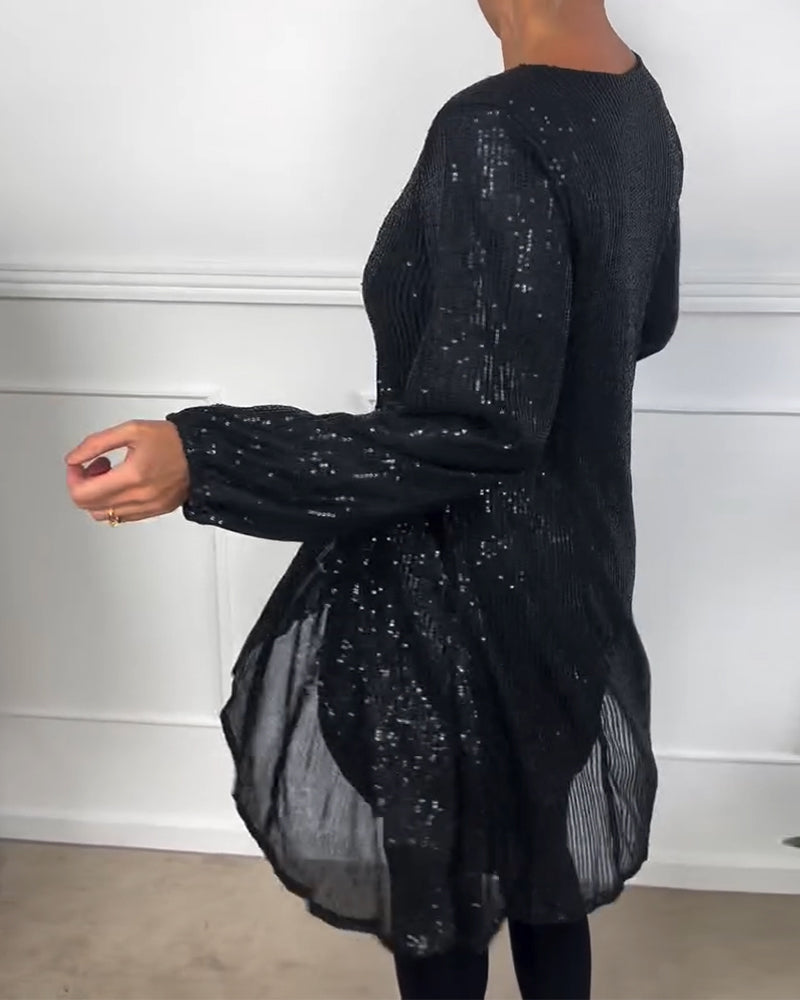 Robe trapèze élégante à manches lanternes et paillettes