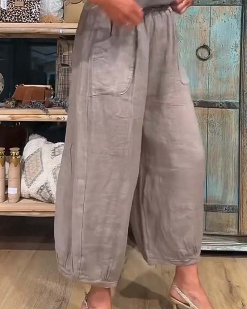 Pantalon Taille Élastique Poche Large Jambe Raccourci
