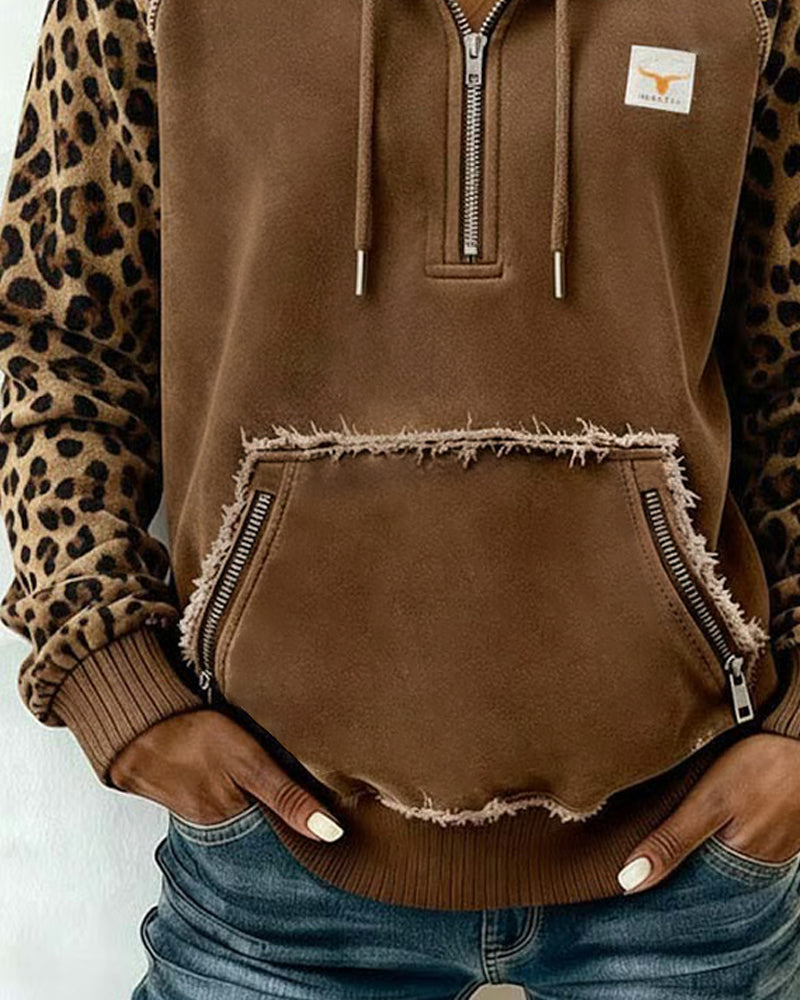 Sweat À Capuche Zippé Color-Block À Imprimé Léopard