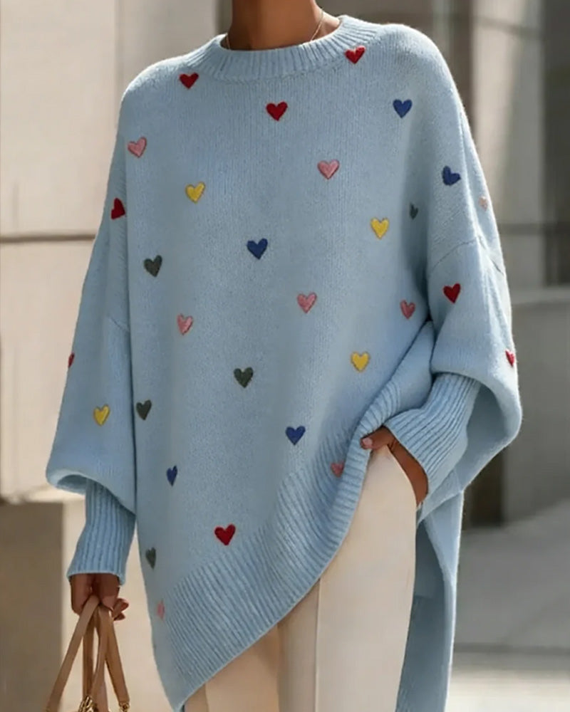 Pull Col Rond Cœur Coloré Manches Chauve-Souris