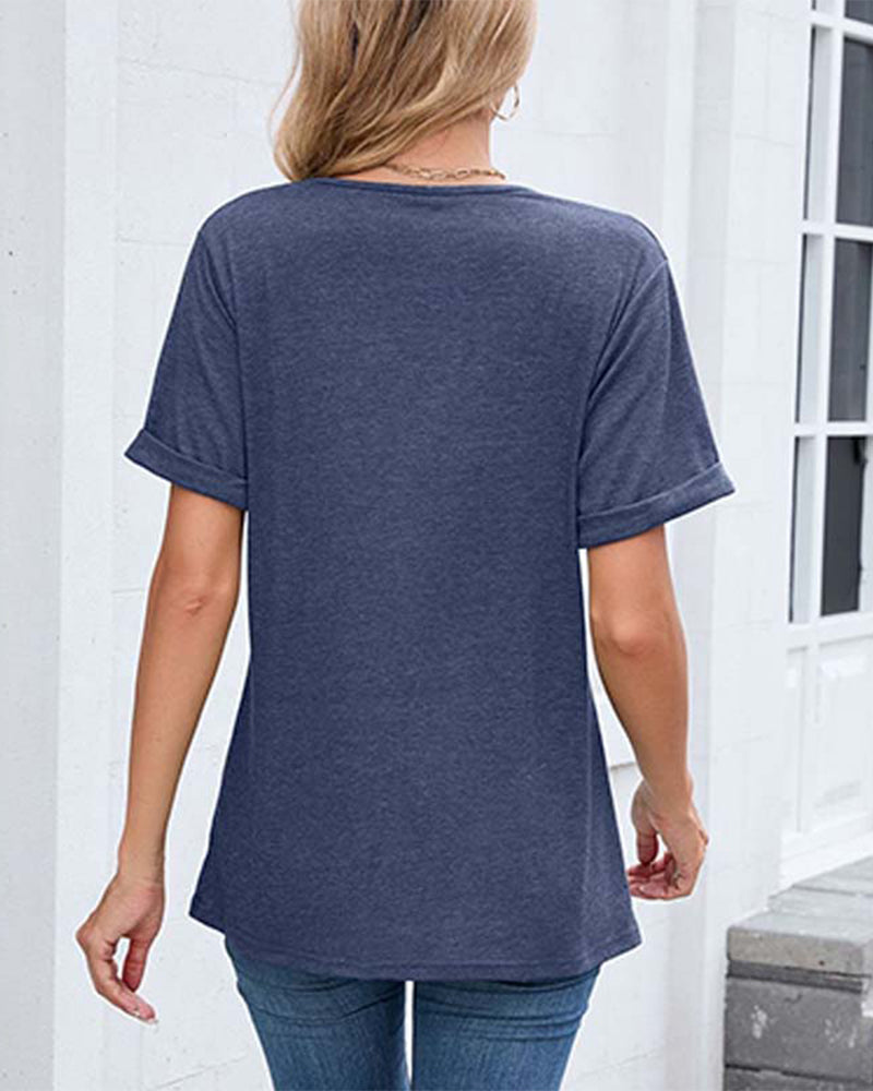 T-Shirt Unie Col En V Décontracté Manches Courtes