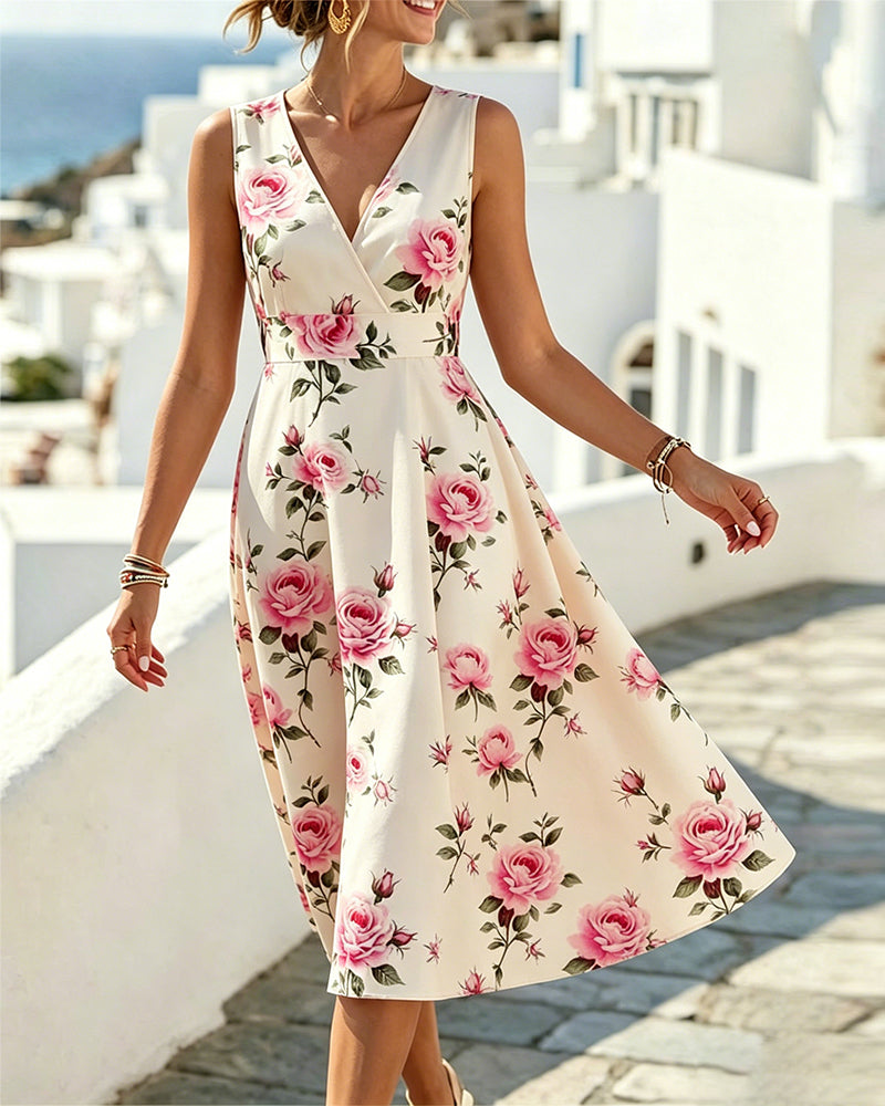 Robe Florale Col V Sans Manches Taille A-Ligne