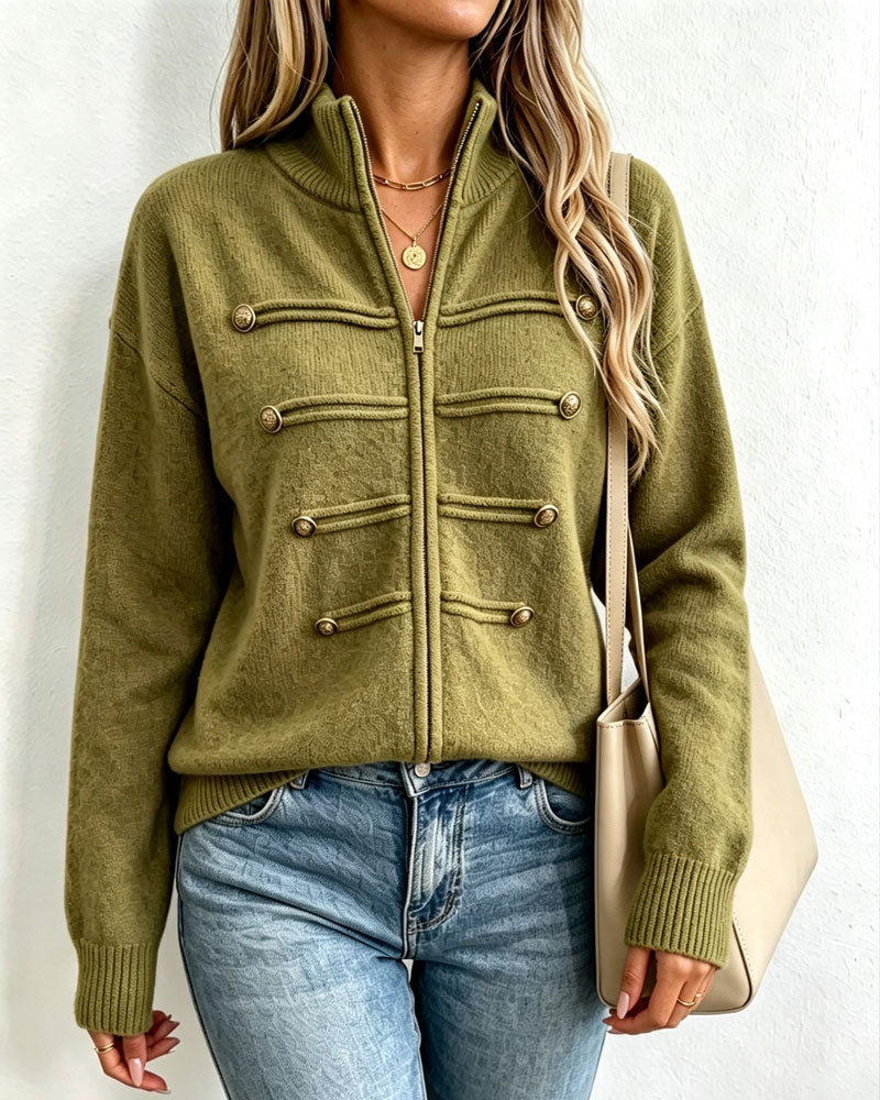 Cardigan Col Mandarin Mode Fermeture Éclair Tricoté