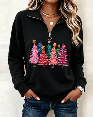 Sweat-Shirt Demi-Zip Sapin De Noël Imprimé