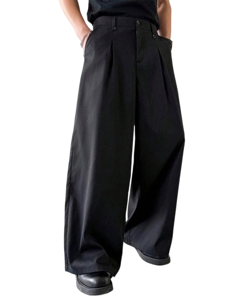 Pantalon Taille Haute Bouton Braguette Jambe Large