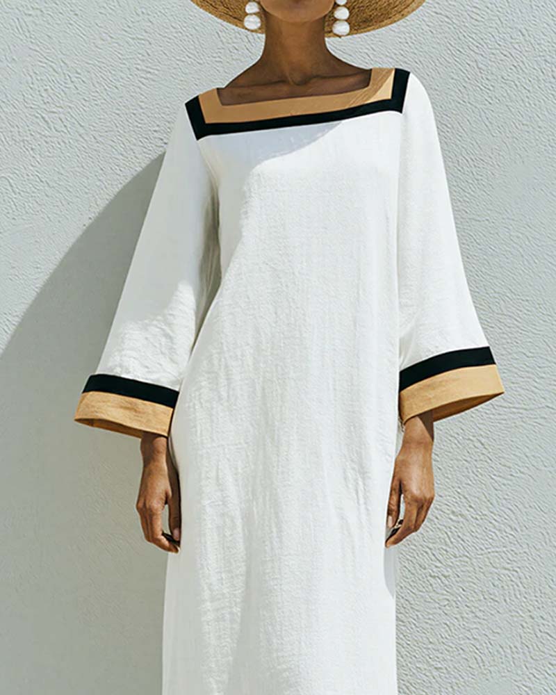 Robe Col Carré Bloc De Couleur Ample Longue