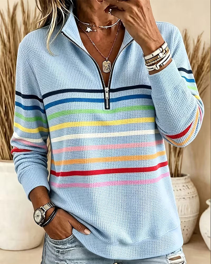 Sweatshirt Col Montant Fermeture Éclair Rayée