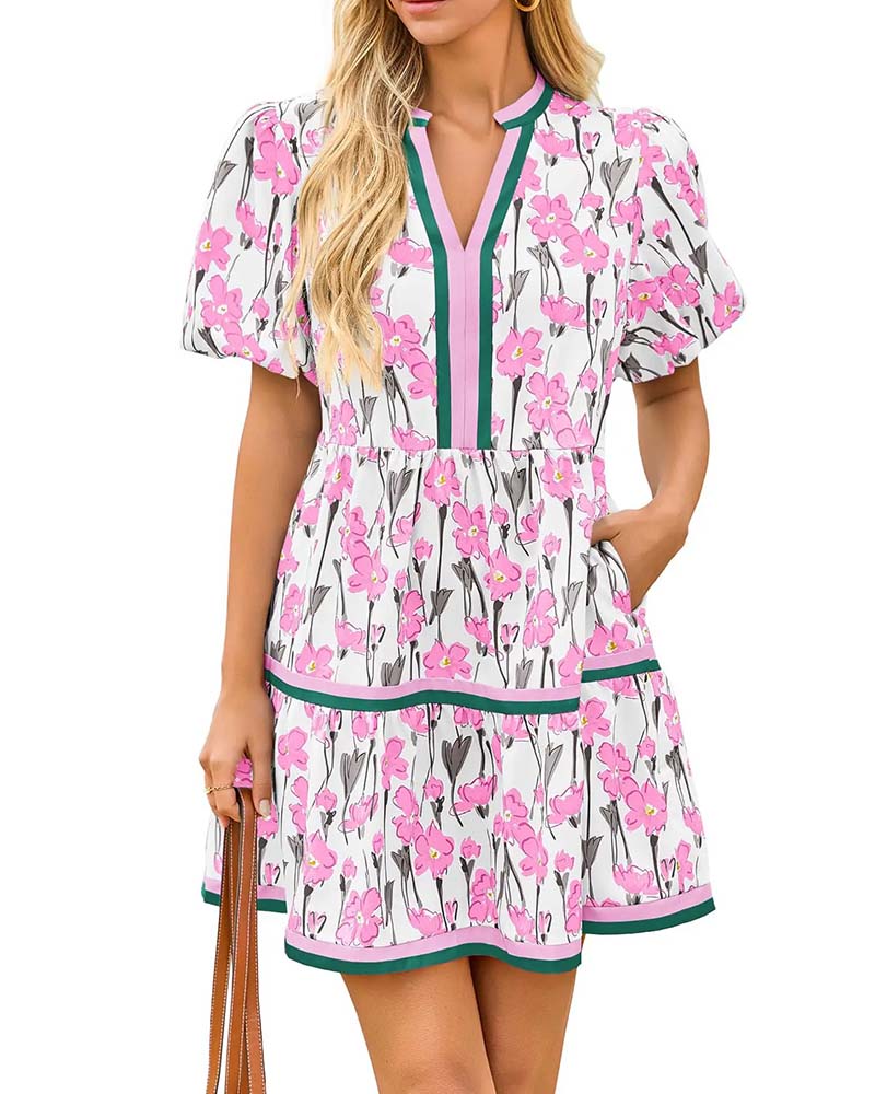 Robe Col V Floral Manche Ballon Patchwork