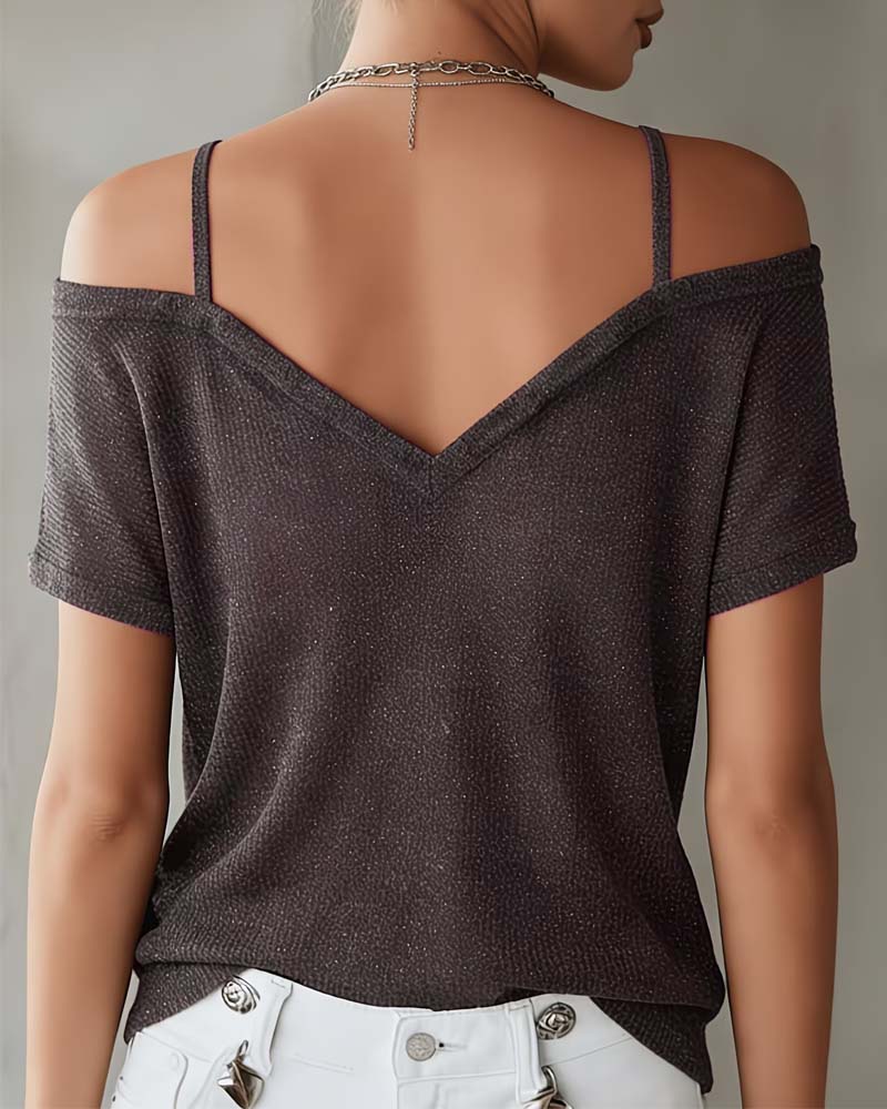 T-Shirt À Bretelles Ornées D'Épaules Dénudées En Col V