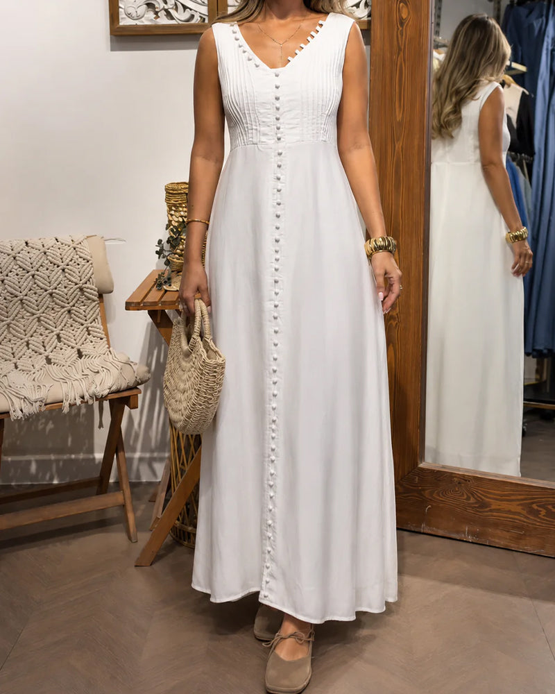 Robe Sans Manches Bouton Devant Blanc Maxi