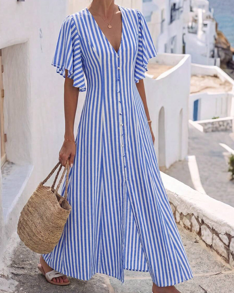 Robe Rayée Col V Bouton